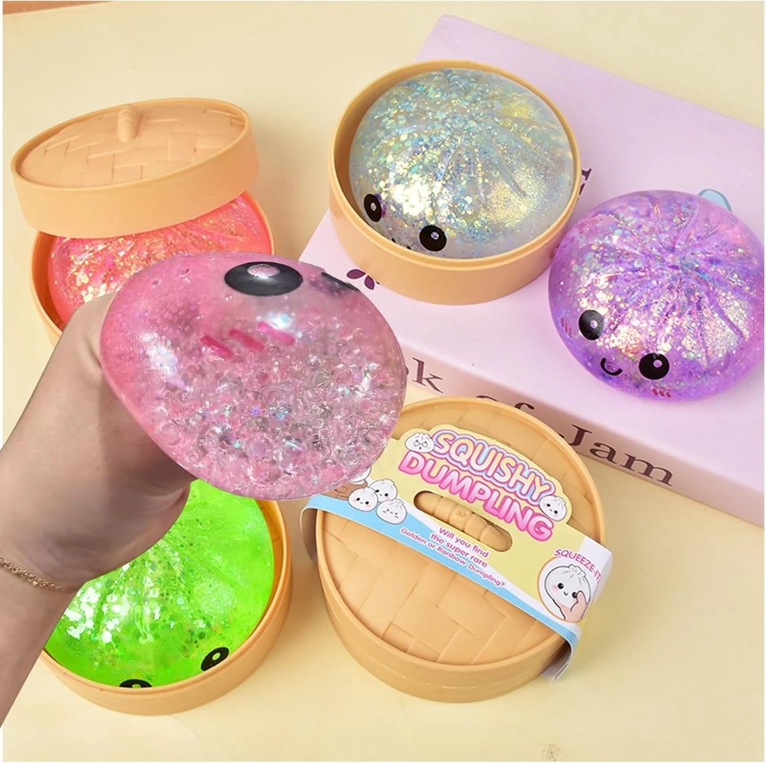 Dumplings Squishy Mystery Mini Dumplings Squishy Stress Balls Fidget Sensory Toy Soft Squeeze Decompression Dough (Pink)